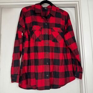Eddie Bauer Womens Buffalo Plaid Flannel Shirt Button Down Red Black Long Sleeve